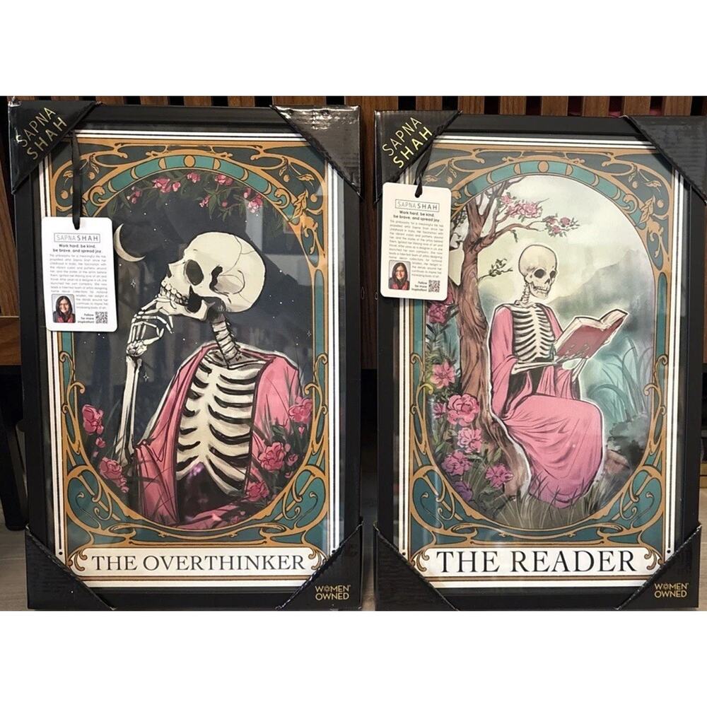 New Set Of 2 Sapna Shah Art The Overthinker/Reader Skull Tarot Lotería 18” x 12”